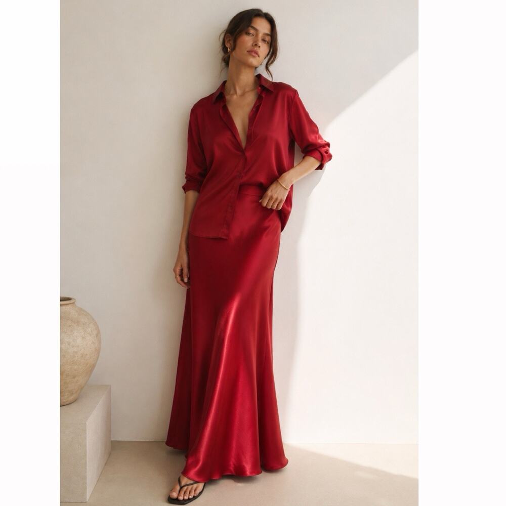 Vintage Cache Red Satin Maxi Skirt Size XS Bias Cut 90s CBK Minimalist Long Slip